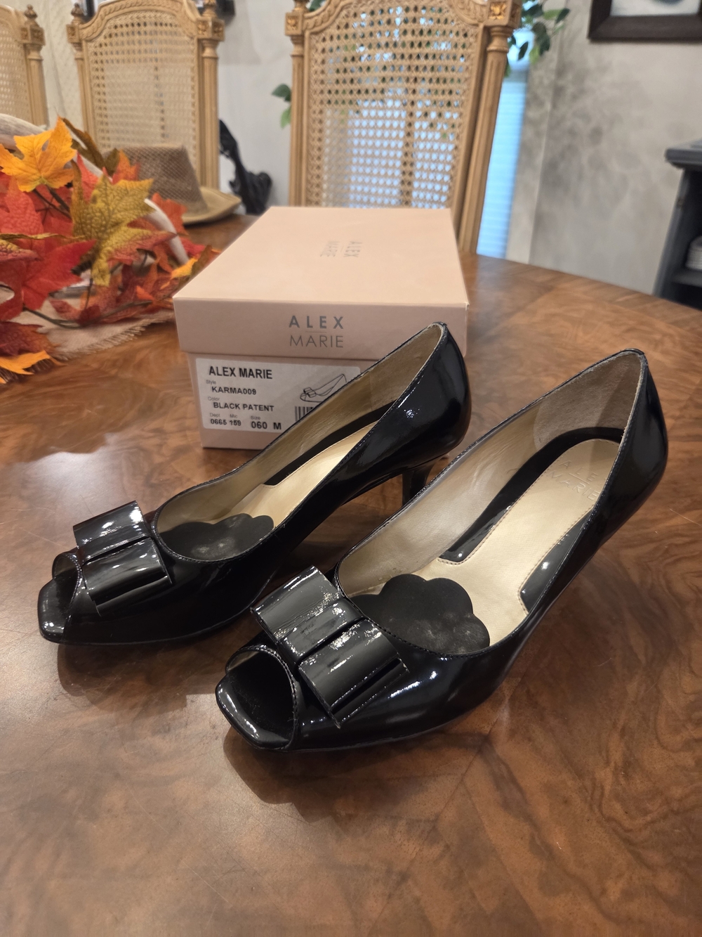 Alex Marie Black Patent Peep-Toe Heels with Bow Detail